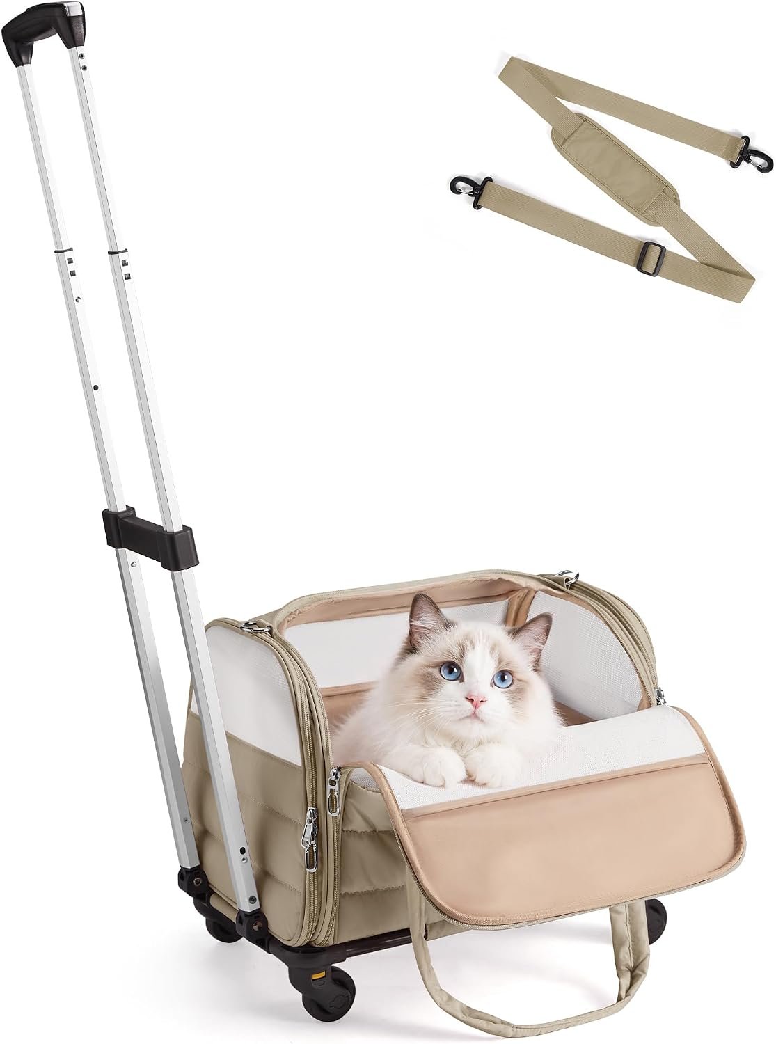 BAGSMART Rolling Cat Carrier with Wheels, Soft-Sided Pet Travel Bag, Brown