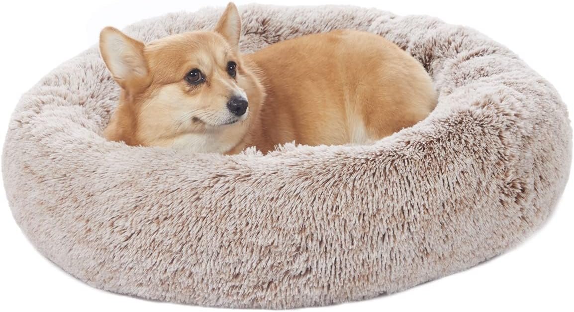 Bedfolks Calming Fluffy Donut Dog Bed for Medium Dogs,Brown, 30″ Round