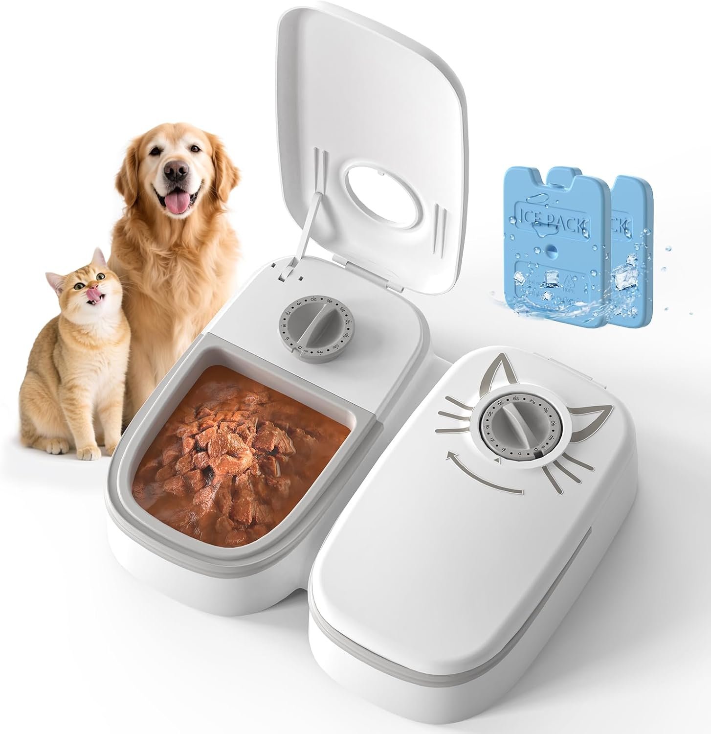 2-Meal Wet Food with Ice Packs Battery Powered Timed Cat Feeder