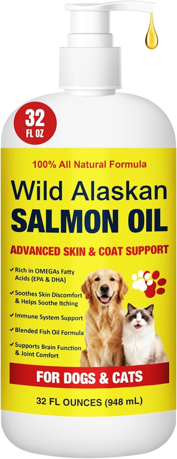 Wild Alaskan Salmon Oil for Dogs & Cats – 32oz Omega 3 Fish Oil with EPA DHA Fatty Acids, Skin & Coat Support, Itchy Relief, Immune & Joint Support, Liquid Food Topper for Heart & Brain Health