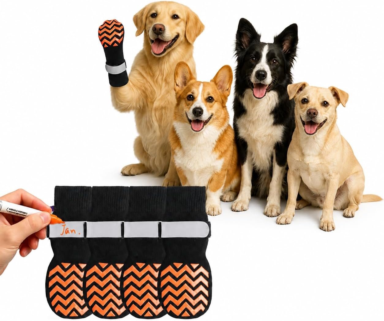 Non-Slip Dog Socks, Double-Sided Silicone Grip Dots for Hardwood Floors, Adjustable Strap with DIY Pet Name Area, Breathable Washable Paw Protection for Senior Dogs, 4-Pack