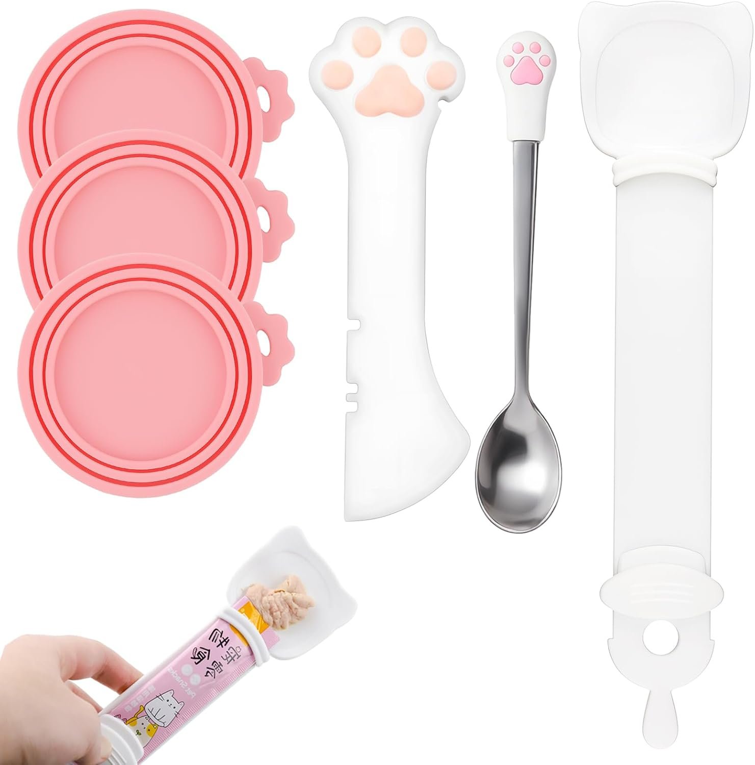 6 PCS Cat Food Can Covers Set, Reusable Silicone Can Lids with Opener, Stainless Steel Wet Food Spoon & Cat Treat Squeezer for Pet Feeding and Storage, Fits Cats & Dogs – Cat Accessories