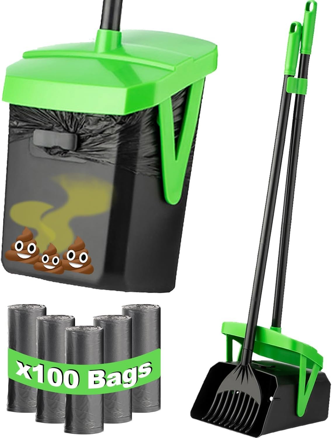 FUSBUNTY Dog Pooper Scooper, Swivel Bin & Rake Set with 100 Waste Bags