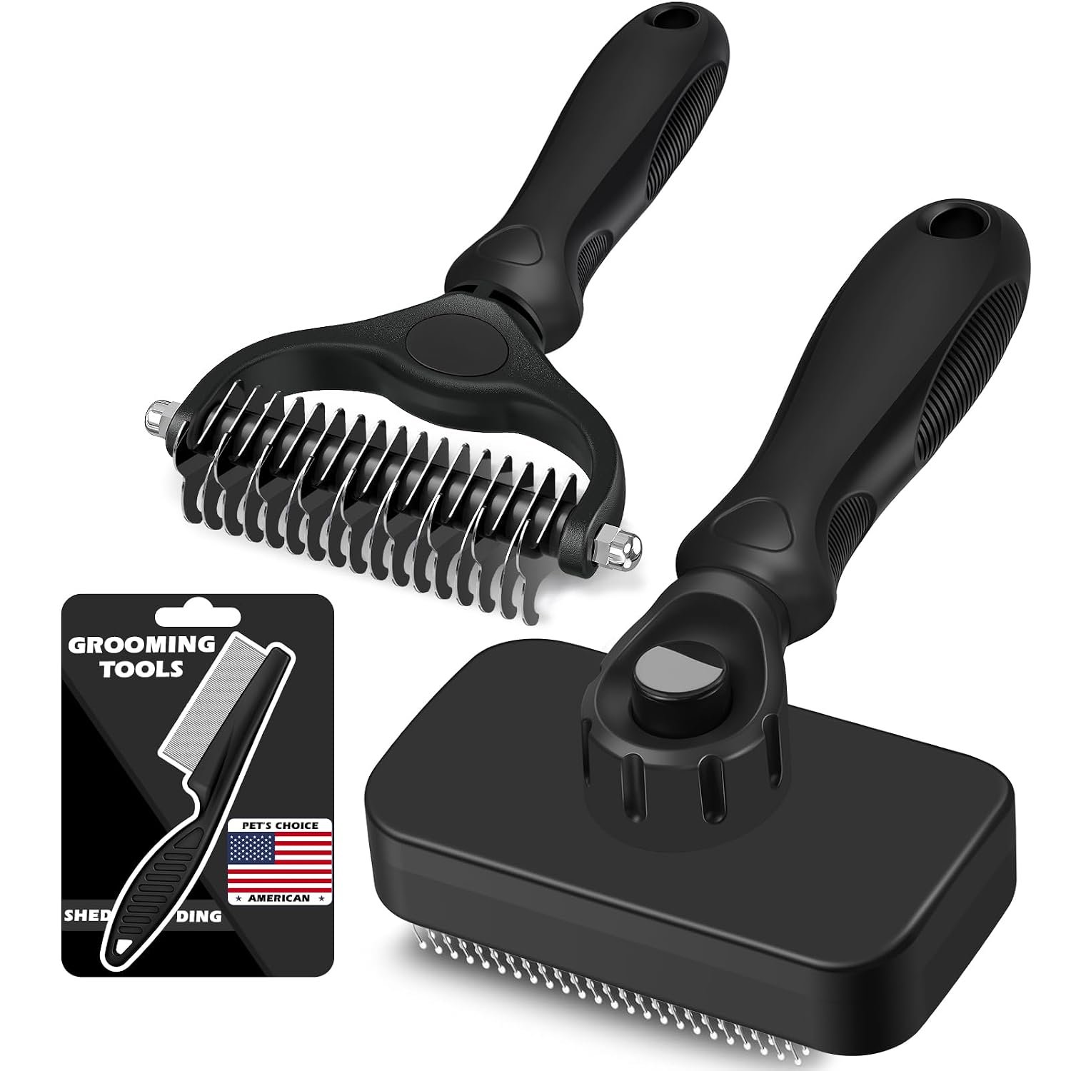 Professional 3PCS Self Cleaning Slicker Brush & Pet Grooming Rake & Flea Comb for Dogs,Cats and Horses | Double-Sided Dematting Comb & Skin Friendly Deshedding Grooming Tool | Pet Supplies (Black)