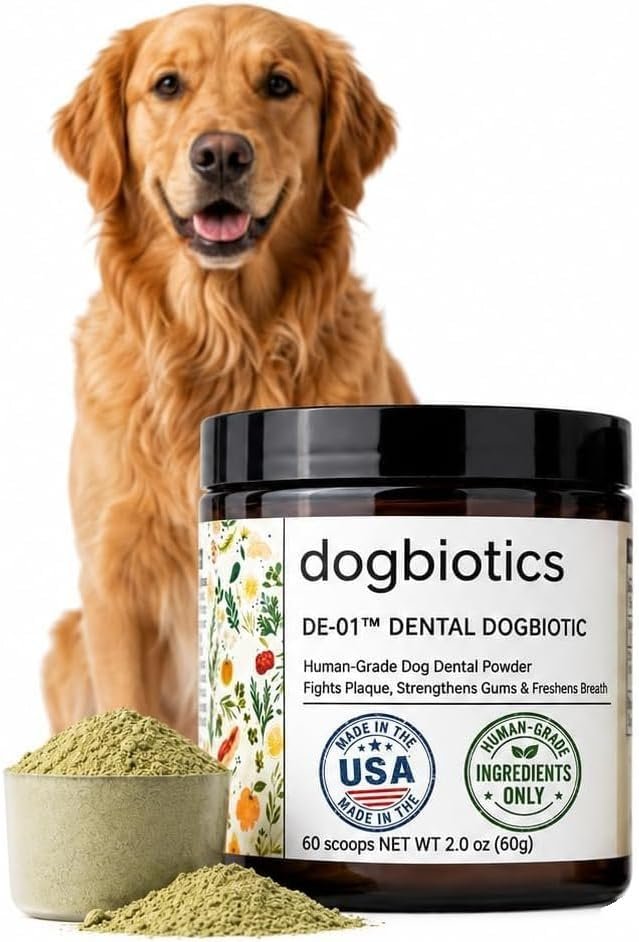 Dogbiotics DE-01 Dog Dental Powder – Clinically Studied Oral Postbiotic for Plaque, Tartar & Gum Support, Targets Bad Breath – Human-Grade Ingredients, Made in USA, No Brushing – 60 Scoops (2oz / 60g)