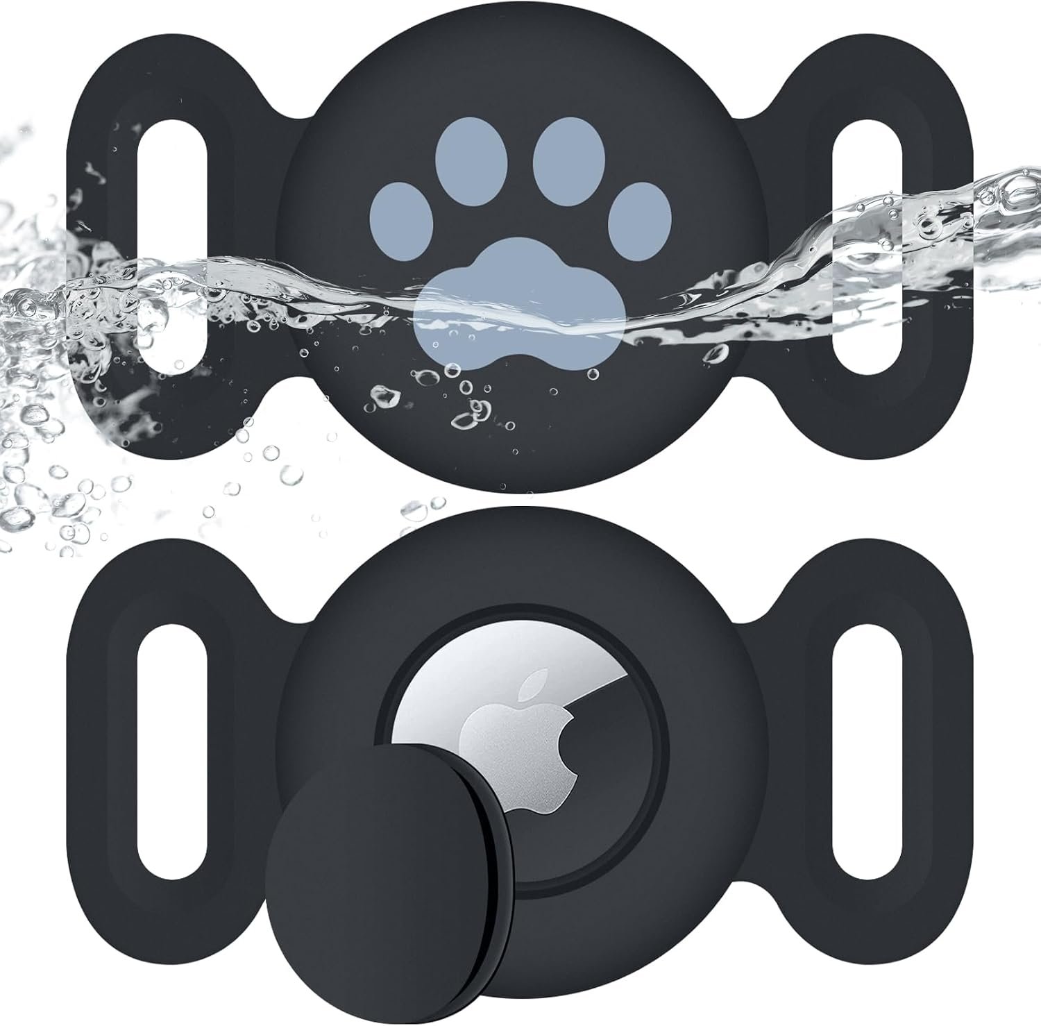 Waterproof Collar Holder Compatible with Airtag (2 Pack), Protective Anti-Lost Case for GPS Tracker, Silicone Collar Holder for Pets (Black/Black)