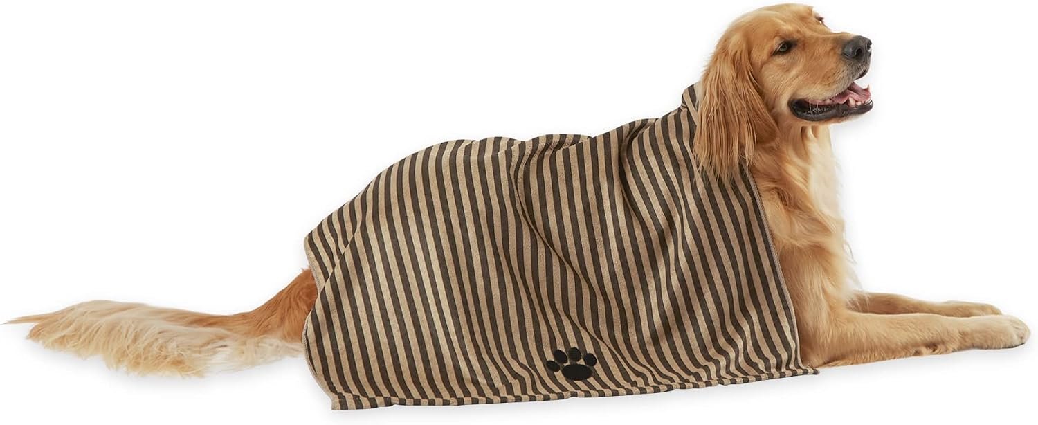 Bone Dry Pet Grooming Towel Collection Absorbent Microfiber X-Large, 41×23.5″, Striped Brown