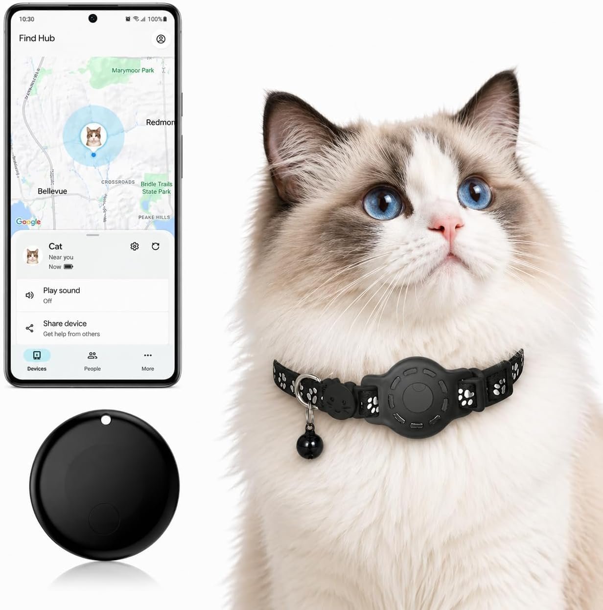 Smart Cat GPS Collar – Waterproof Pet Tracker for Android, Google Find My Compatible, No Monthly Fee. Advanced Safety Solution for Small & Large Cats.(Android Only)