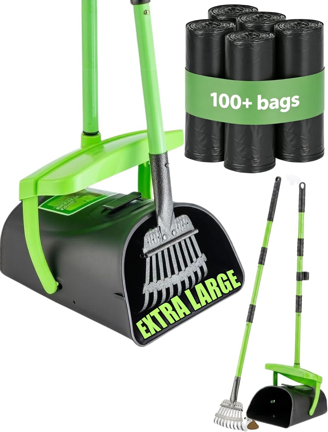 MXF 40.16″ Pooper Scooper Set – Swivel Bin & Rake Kit with 100 Waste Bags