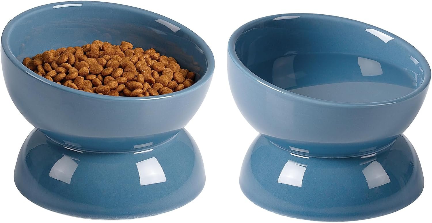 ABRUTY Cat Water Bowl, 16 OZ Ceramic Elevated Cat Bowls, 15° Tilted and Raised Pet Food Dish, Anti Vomiting Protect Pets’ Spines and Whisker Fatigue, Set of 2, Blue