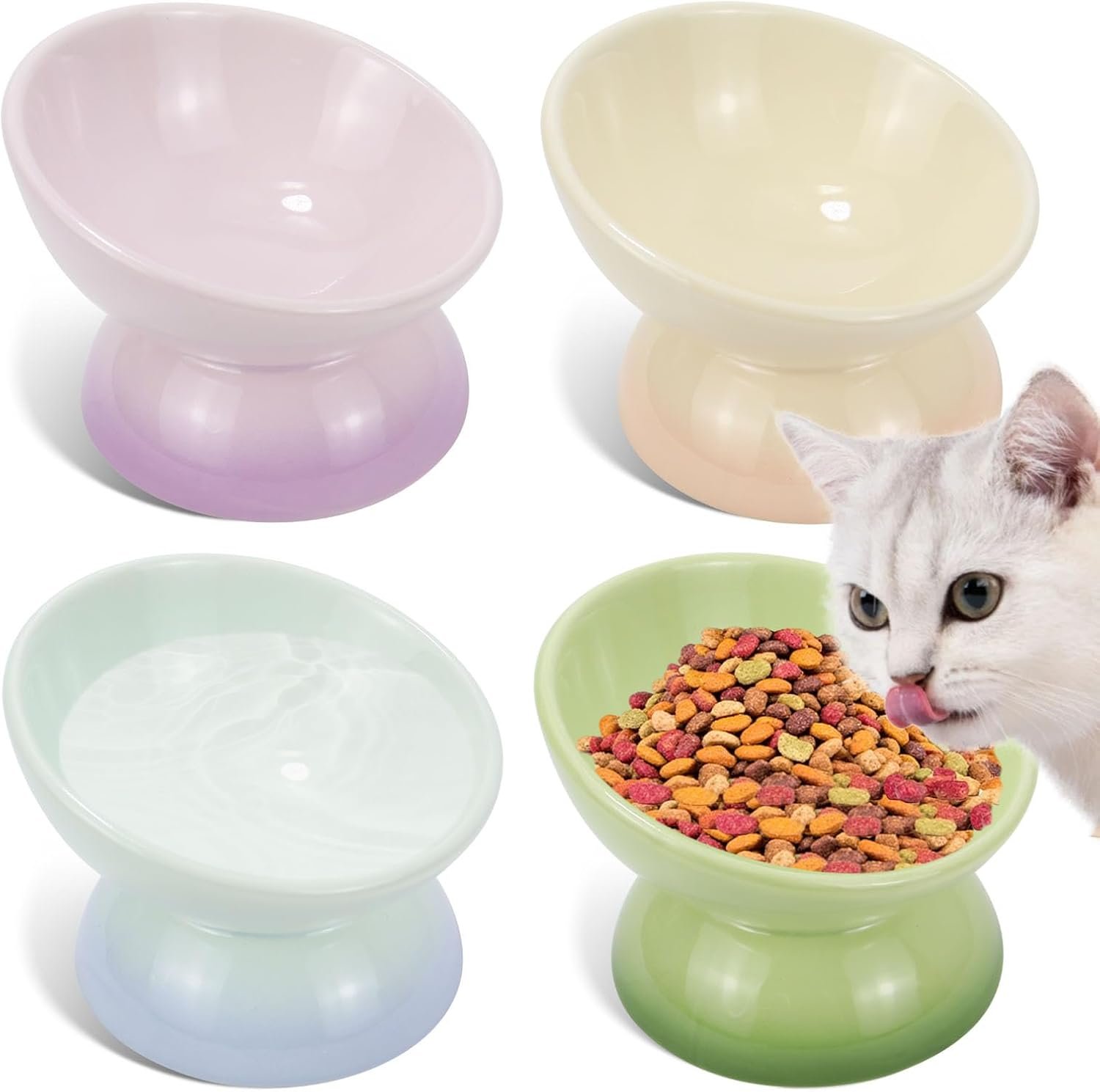 Elevated Cat Food Bowl 4 Pack 5 Oz Ceramic Raised Tilted Water Dishes, 15° Tilt Anti Vomiting, Protect Pets’ Spines Bowls for Small Dog, Fat Faced Cat, Kitten