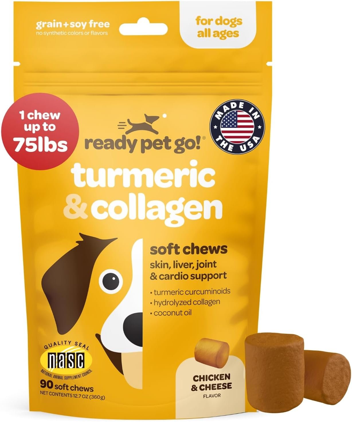 Turmeric for Dogs Soft Chews | Hip and Joint Chews for Dogs Comfort & Mobility with Collagen for Dogs | Dog Joint Supplement for All Ages Breeds & Sizes | NASC Certified & Made in The USA | 90 Chews