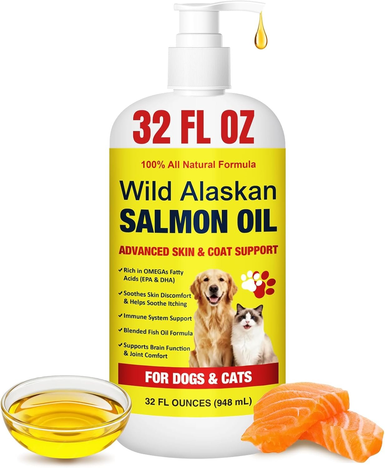 Wild Alaskan Salmon Oil for Dogs & Cats – Pure Liquid Fish Oil Skin Coat Supplement with Omega 3 6 9 Food Topper, Dry Itchy Skin, Supports Joint Heart Brain Immune Health, 32 fl oz