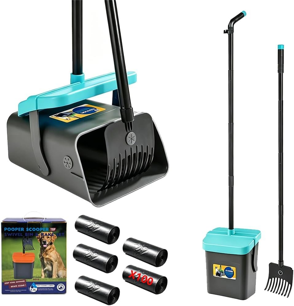 Pooper Scooper, 46″ Long Handle Heavy Duty Picker-Upper, Swivel Bin Rake Kit with Bag Attachment, 100 Waste Bags for Small Large Dogs Puppy Poop Trash Litter Cleanup Yard Outdoor Pet Essentials