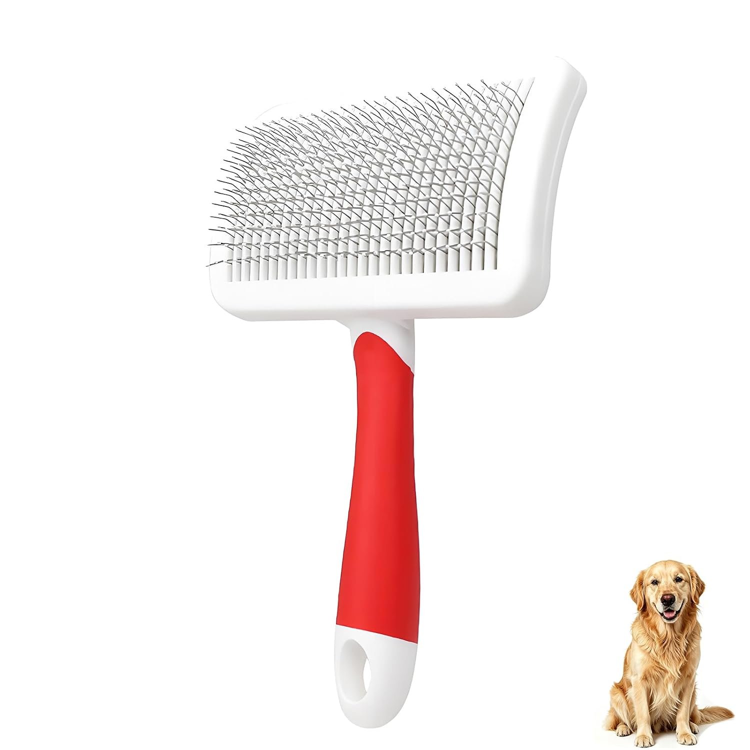 Self-Cleaning Slicker Dog Brush for Large Long-Haired Breeds （White, Red)