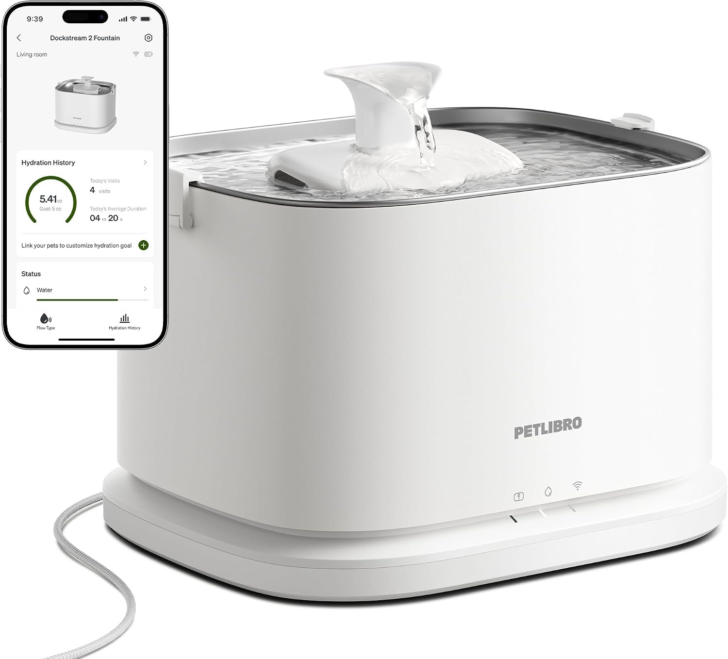 PETLIBRO Upgrade Cat Water Fountain Stainless Steel Tray, Dockstream 2 Cat Fountain Indoor, 3L/101oz Auto Cat Fountains for Drinking, App Monitoring Pet Water Fountain Dog, 5G WiFi Cat Water Dispenser