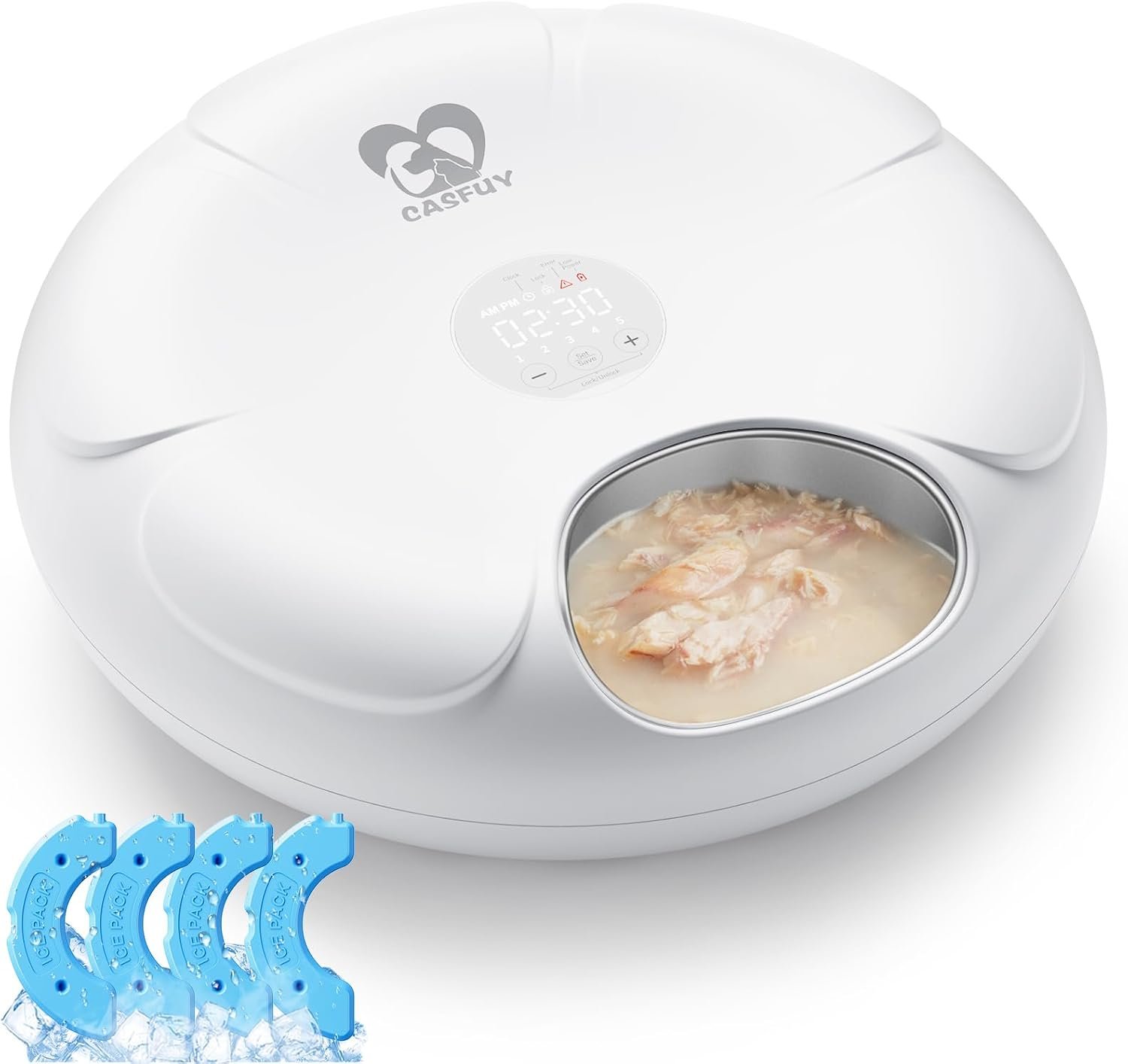 Casfuy Automatic Cat Feeder Cordless – Automatic Cat Food Dispenser with Stainless Steel Tray for Wet Food Rechargeable Auto Feeder for Cats Small Dogs with Programmable Timer Low Battery Indicator