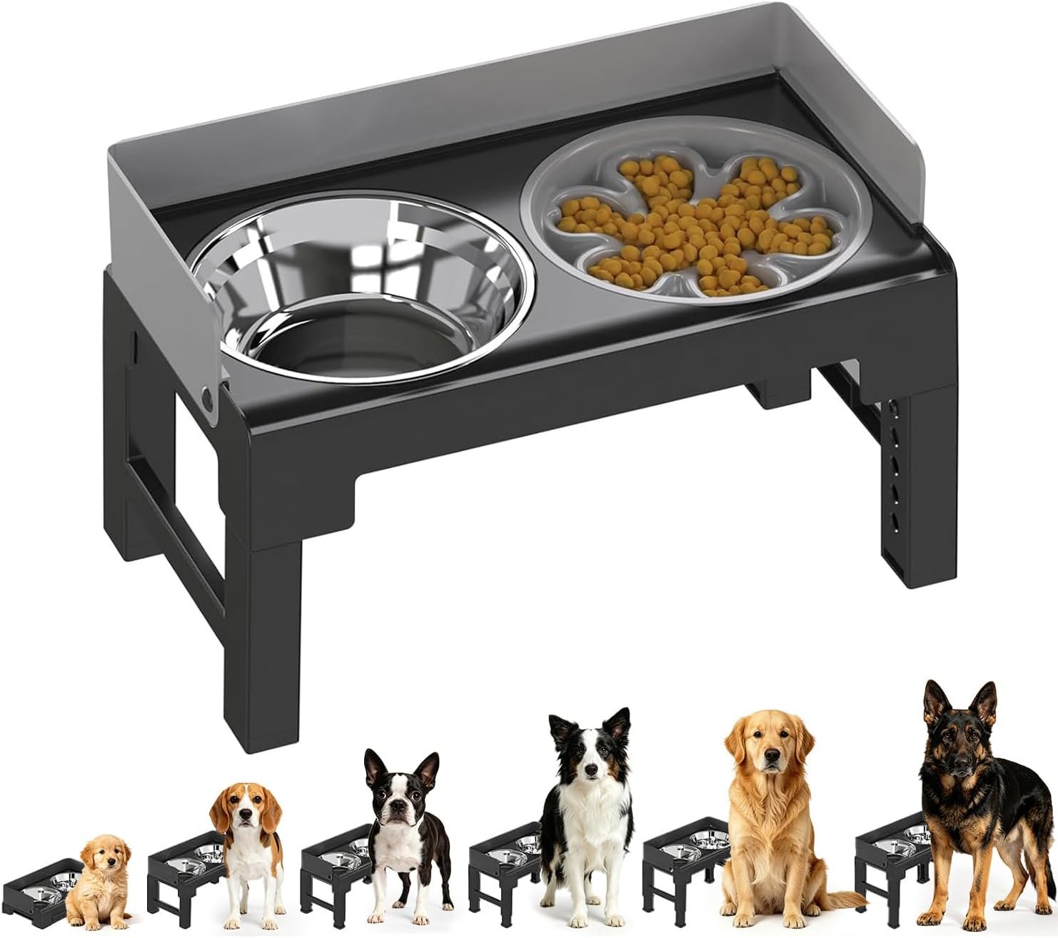 PAKEWAY Elevated Dog Bowls for Medium and Large Dogs, Spill-Proof Tiltable Dog Feeder with Slow Feeder Bowl and Stainless Steel Water Bowl, 6-Height Adjustable Raised Dog Bowl Stand