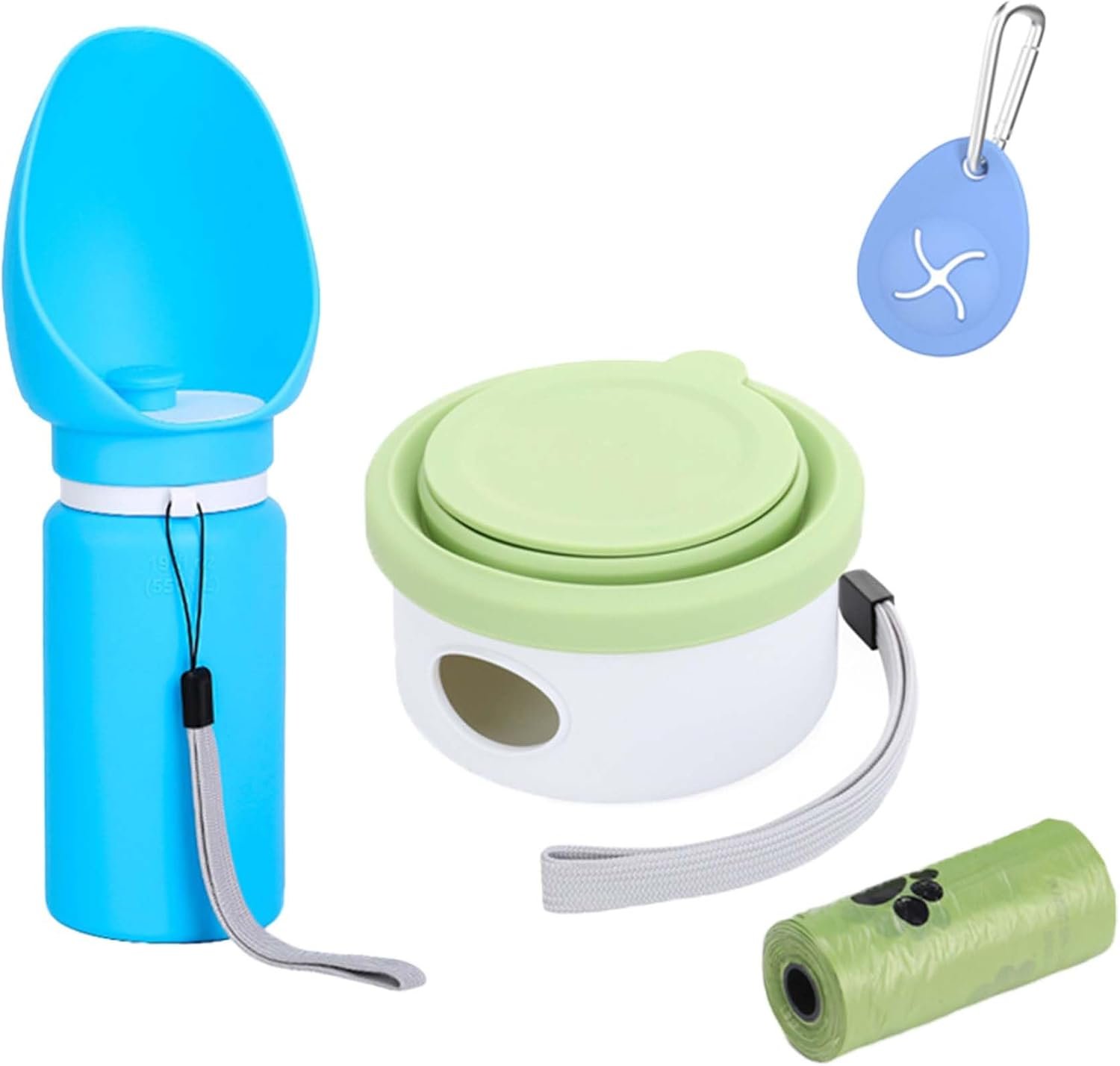 4 in 1 Dog Travel Kit, Leak‑Proof Portable Dog Water Bottle with Collapsible Silicone Bowl, Poop Bag Dispenser & Carabiner Hook, Food Grade BPA‑Free Pet Outdoor Supplies for Walking, Hiking, Camping