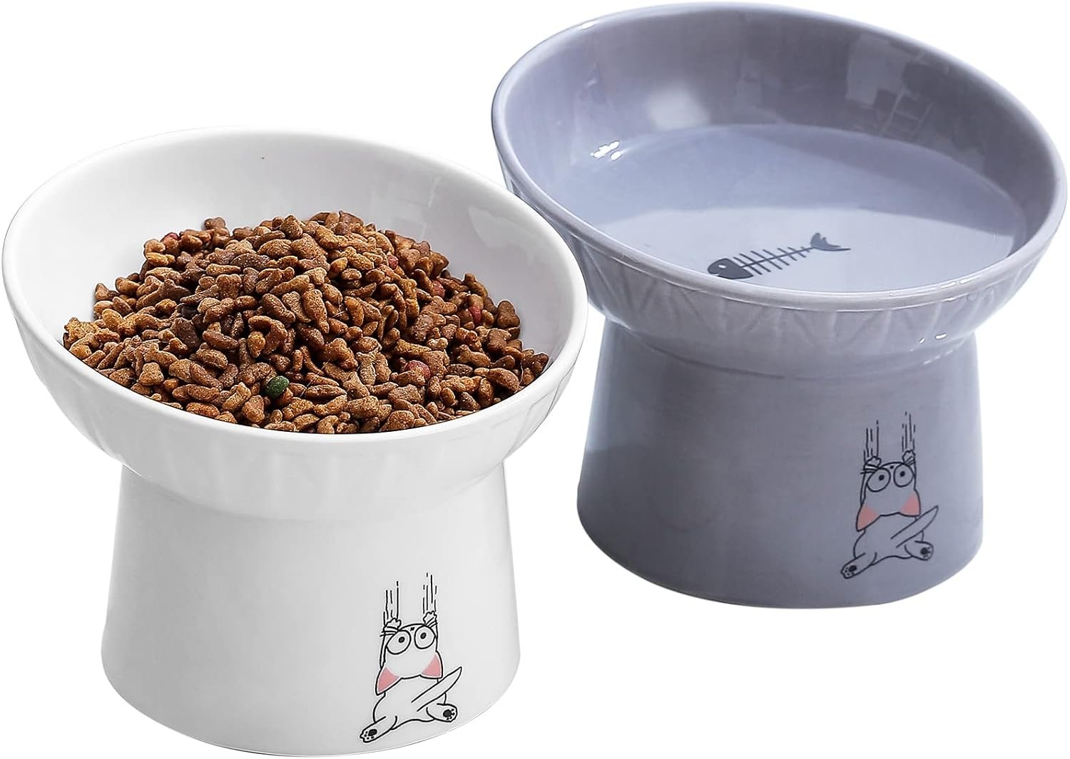 6.5 Inch Extra Wide Ceramic Raised Cat Bowl Set, Tilted Elevated Cat Bowls for Food and Water, Prevent Whisker Fatigue, Stress Free, Less Vomiting, Protect Spine, White & Grey
