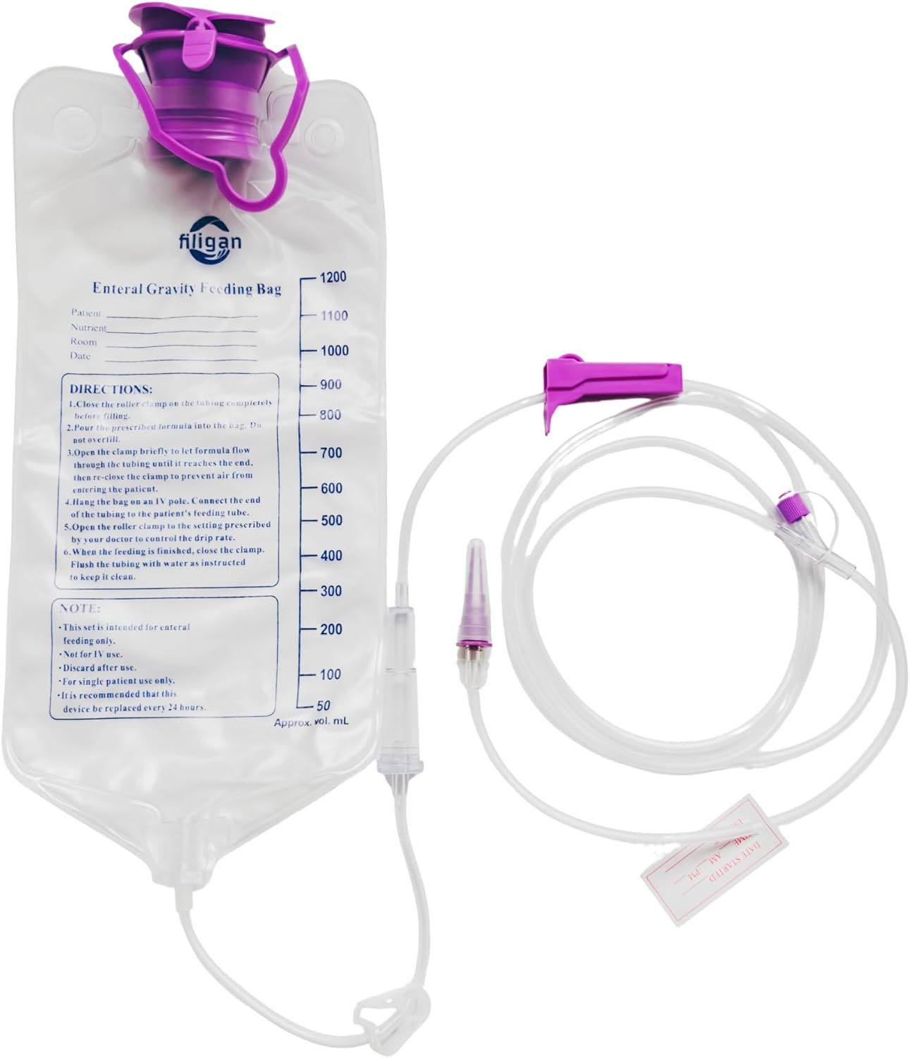 2 Pack Enteral Feeding Gravity Bag Sets, 1200ML Capacity, Large Bore with Tubing, Disposable Enteral Nutrition Bags