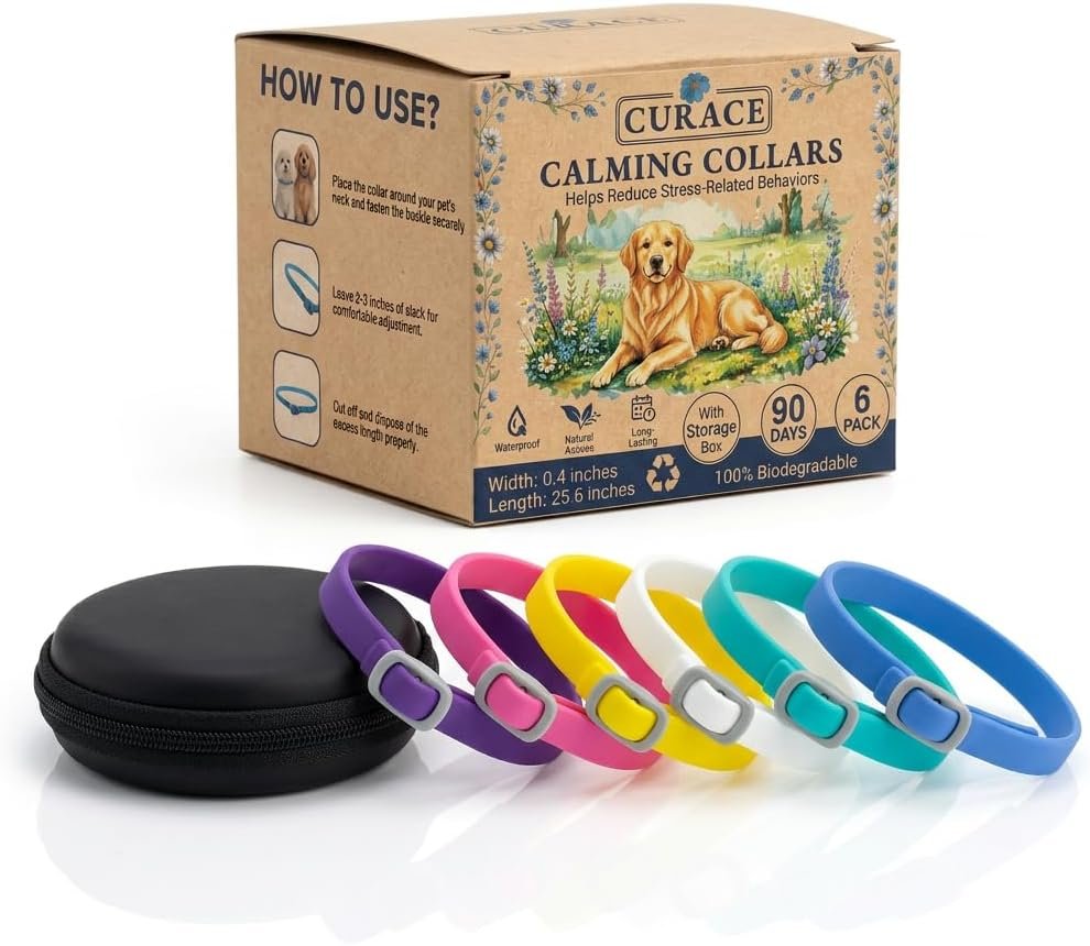 Dog Calming Collar, Pheromone Anxiety Relief, Adjustable 25″ Size, 90 Days Effect, for All Breeds, 6 Pack with Travel Storage Box