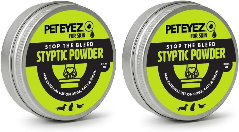PetEyez Styptic Powder for Dogs, Cats & Birds (2 oz) – Fast-Acting Blood Clotting & Bleed Stop Powder for Pet Nail Trims, Clipping & Cuts – Easy-Use Wide Mouth DIP Can – First Aid Grooming – 2 Pack