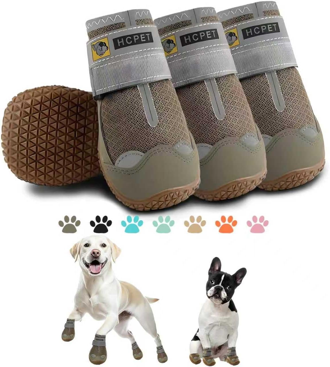 Hcpet Dog Shoes for Dogs, Dog Booties for Dogs, Anti-Slip Dog Boots & Paw Protectors for Hot Pavement Winter Snow Hiking with Reflective Straps Army Green Size 7, 4PCS