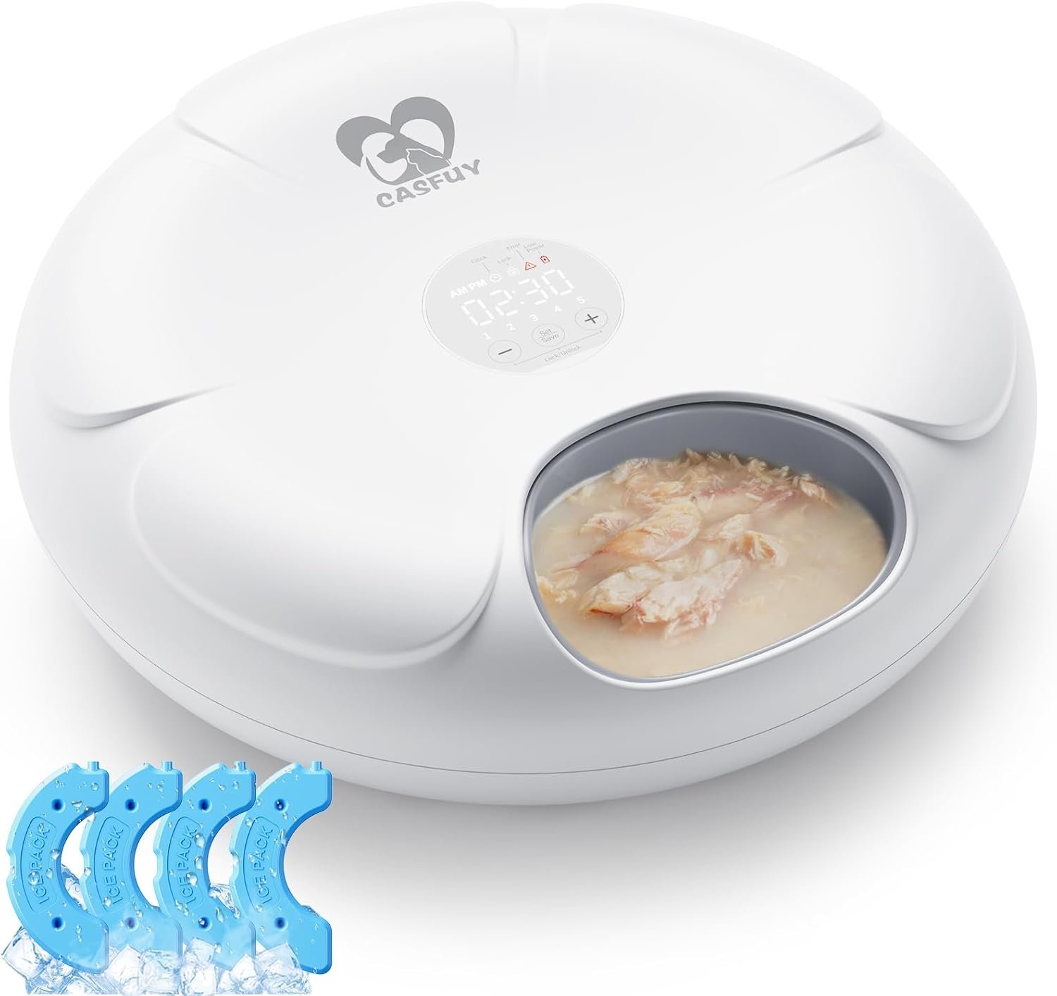 Casfuy Automatic Cat Feeder Cordless – Automatic Cat Food Dispenser for Wet Moist Food with 4 Ice Packs Rechargeable Auto Feeder for Cats Small Dogs with Programmable Timer Low Battery Indicator