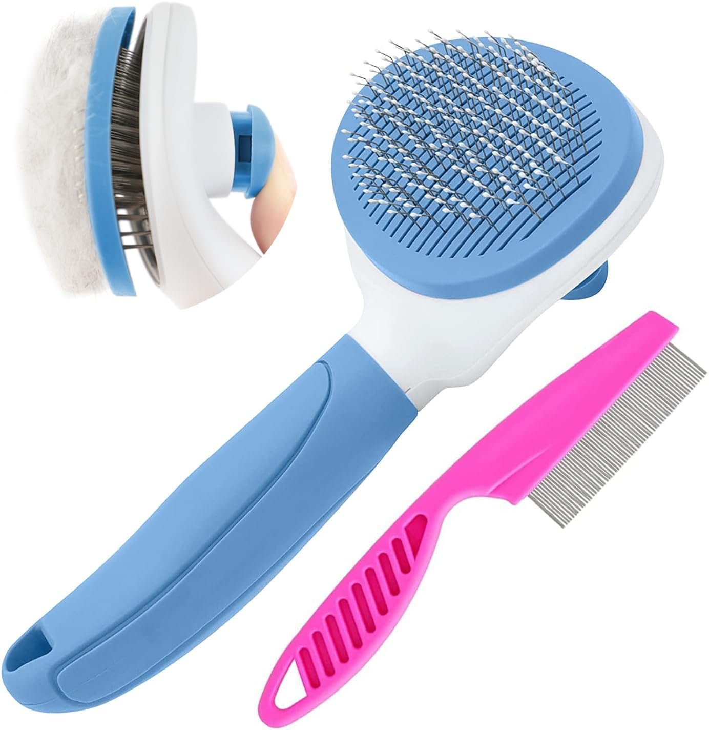 Self Cleaning Slicker Brush, Cat Brushes for Indoor Cats with Metal Comb, Dogs Cats Hair Brushes for Shedding, Pet Kitten Grooming Tool with Release Button for Long or Short Hair by KALAMANDA(Blue)