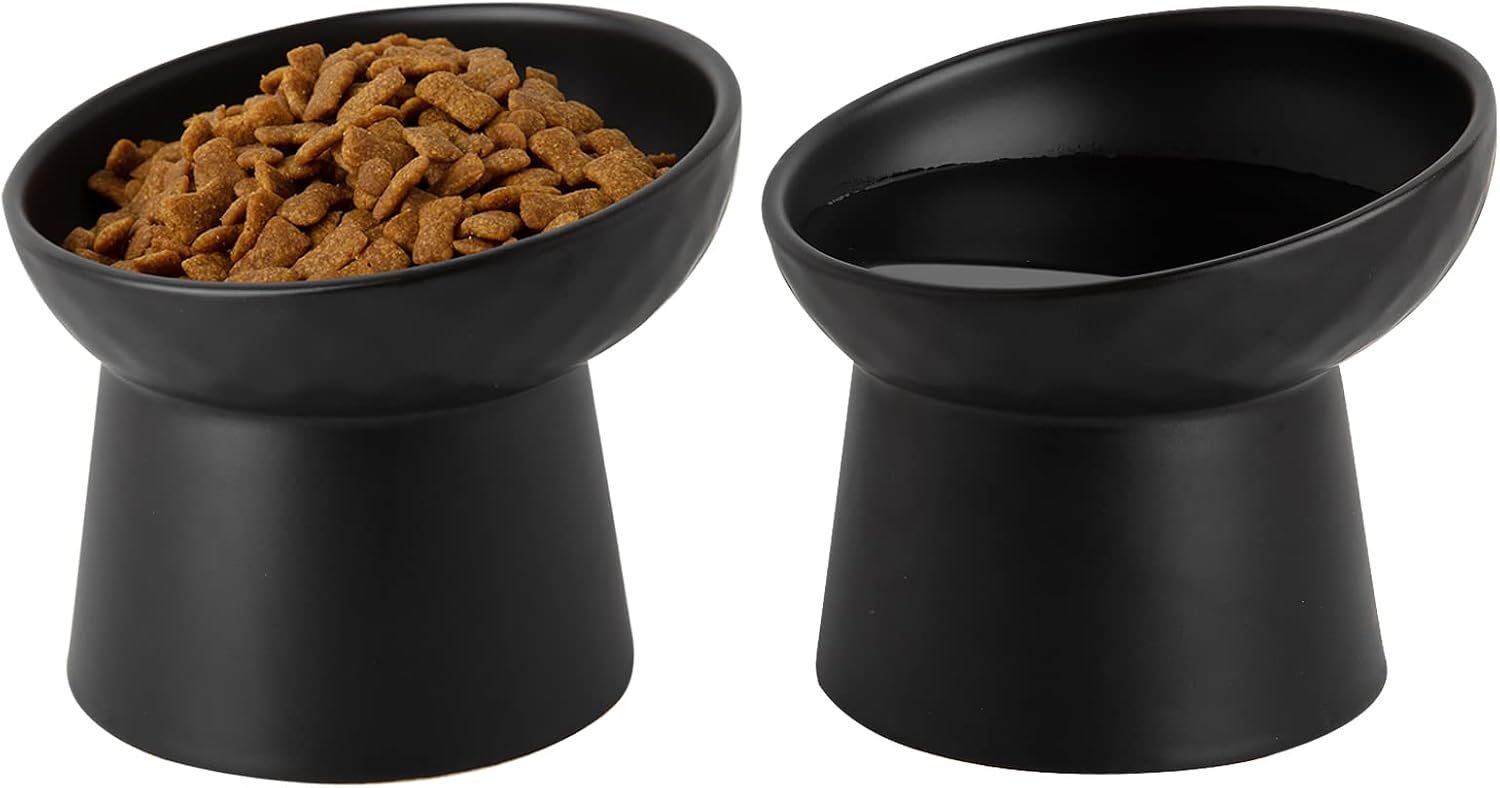 Elevated Cat Bowls, 15° Tilted Ceramic Raised Cat Food and Water Bowl Set, Whisker-Friendly Porcelain Pet Feeder Dishes for Indoor Cats and Small Dogs,Black,5.2 Inch,2 Pack