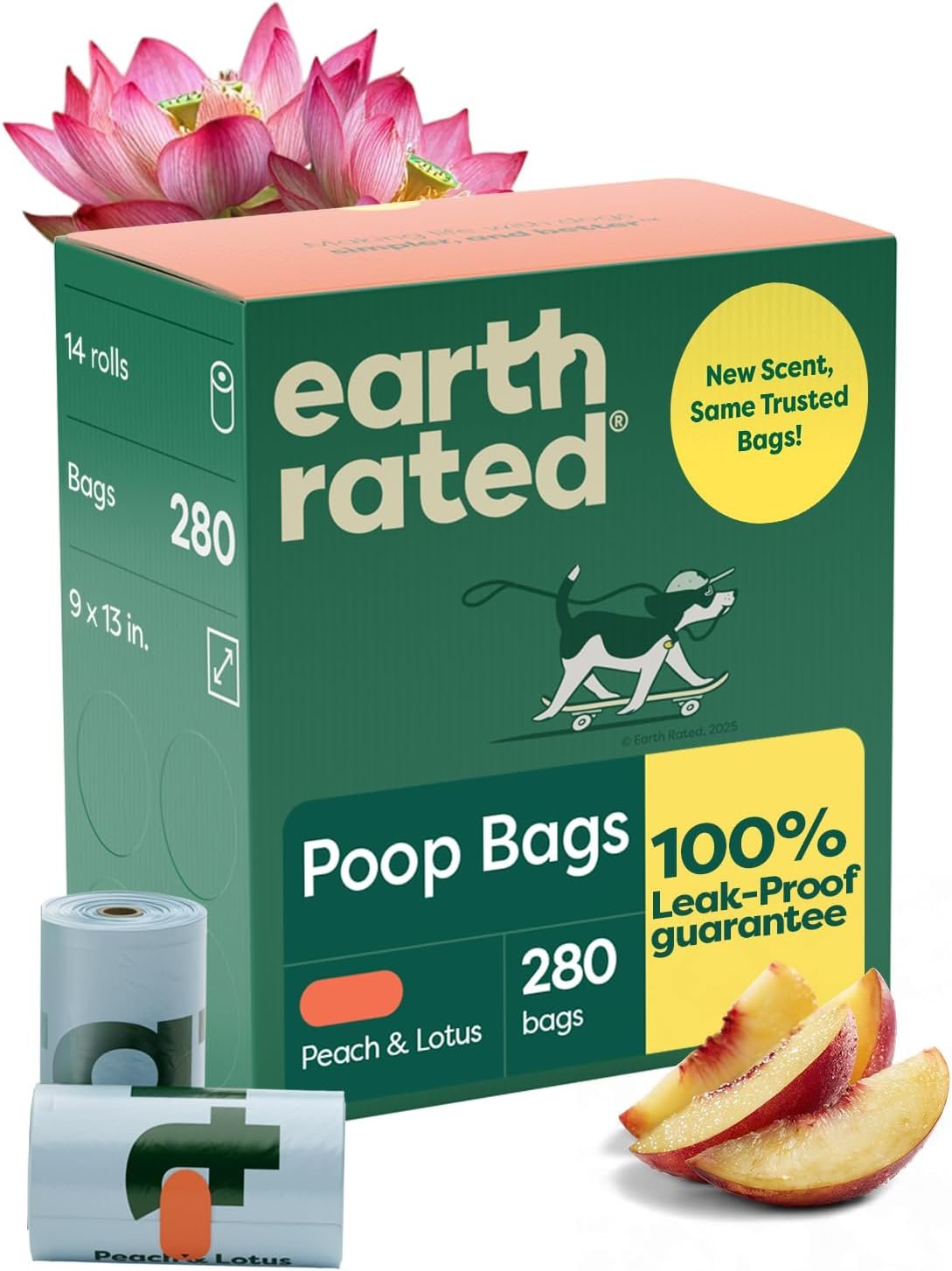 Earth Rated Dog Poop Bags on Refill Rolls, 280 Bags, Peach & Lotus