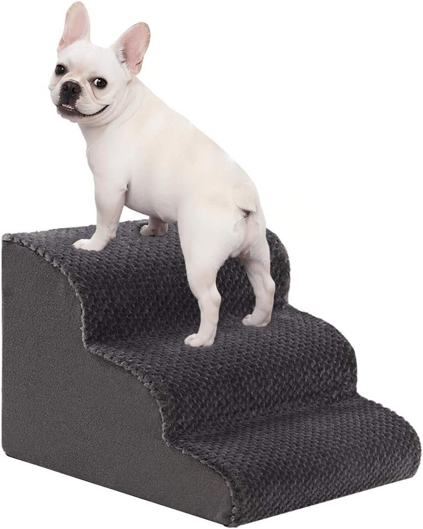 Oiilores Dog Stairs for Small Dogs 15″ H, 3-Step Dog Steps Ramp for Couch Sofa and Chair with Anti-Slip Washable Cover and Durable High Density Foam, Pet Stairs for Cats, Grey