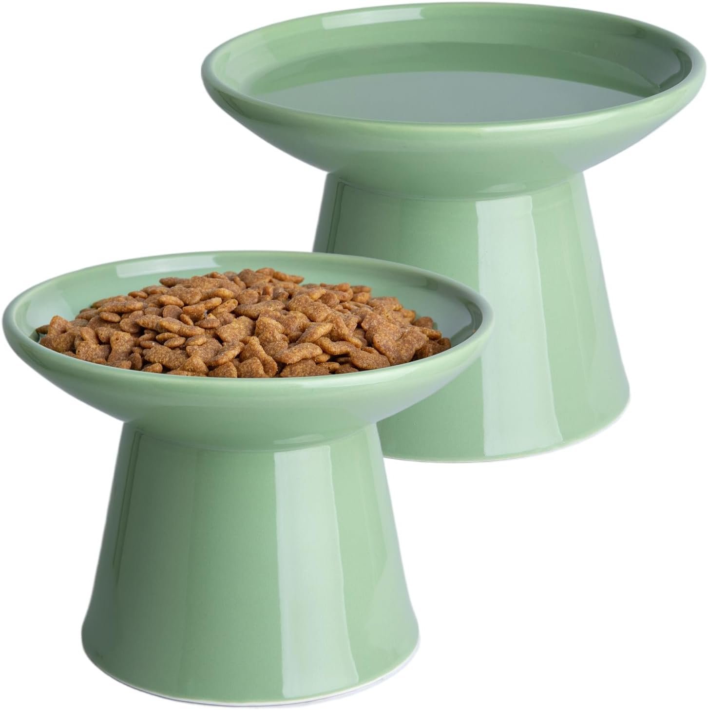 Ceramic Elevated Cat Food Bowls,6.2″ Wide,2-Pack,Green