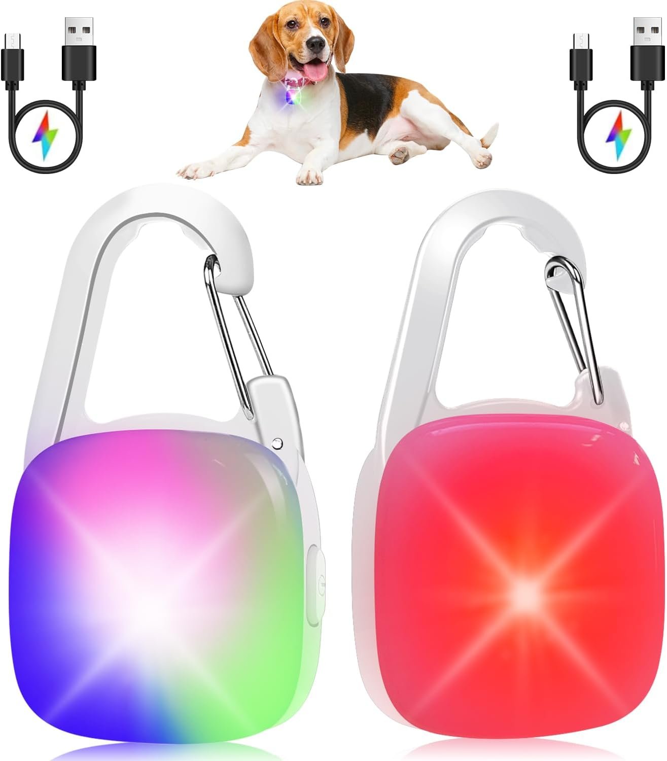 Dog Collar Light, 2 Pack Rechargeable Dog Light Clip On, 80LM Brightness 4 Color Modes Dogs Lights for Night Walking, Waterproof Pet Camping Essentials for Running, Cycling, Hiking (White)