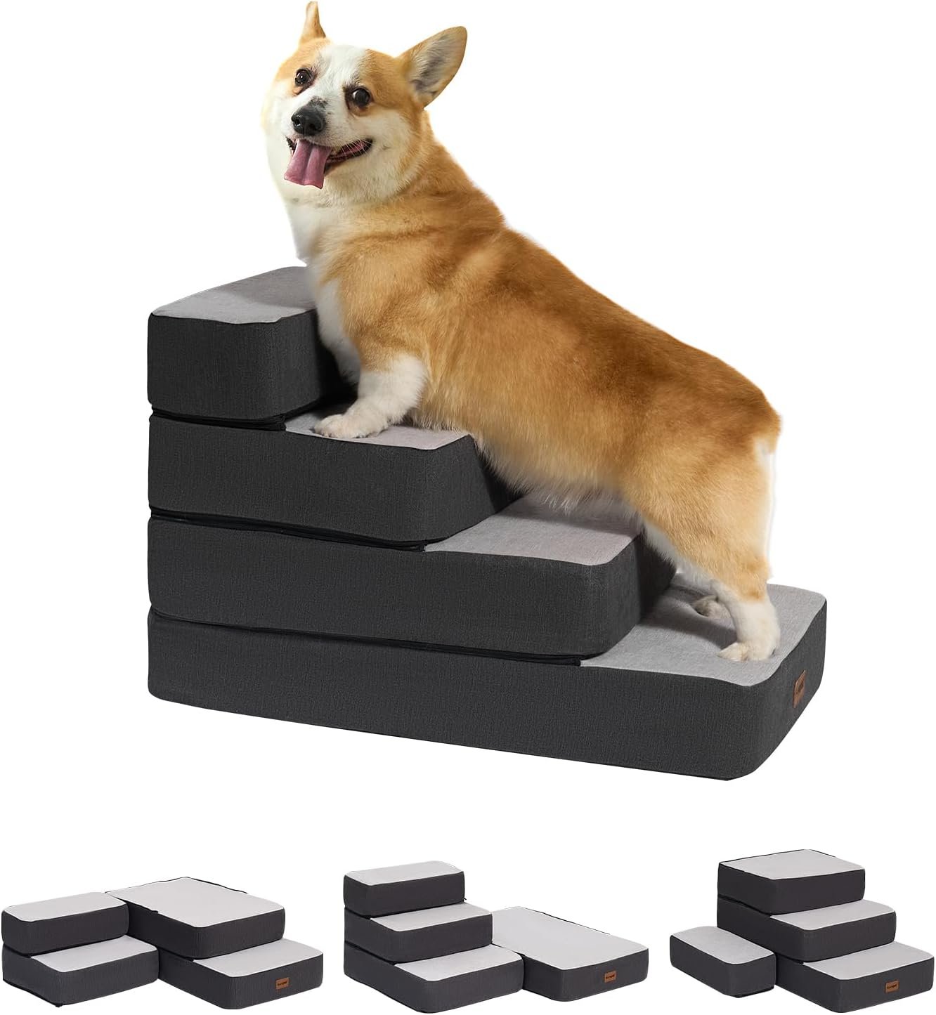 Garnpet 4-Step Adjustable Dog Stairs for Beds, Dog Steps for Small Dogs and Cats, Foldable Pet Stairs for Bed Climbing, Non-Slip Pet Step Indoor, Grey