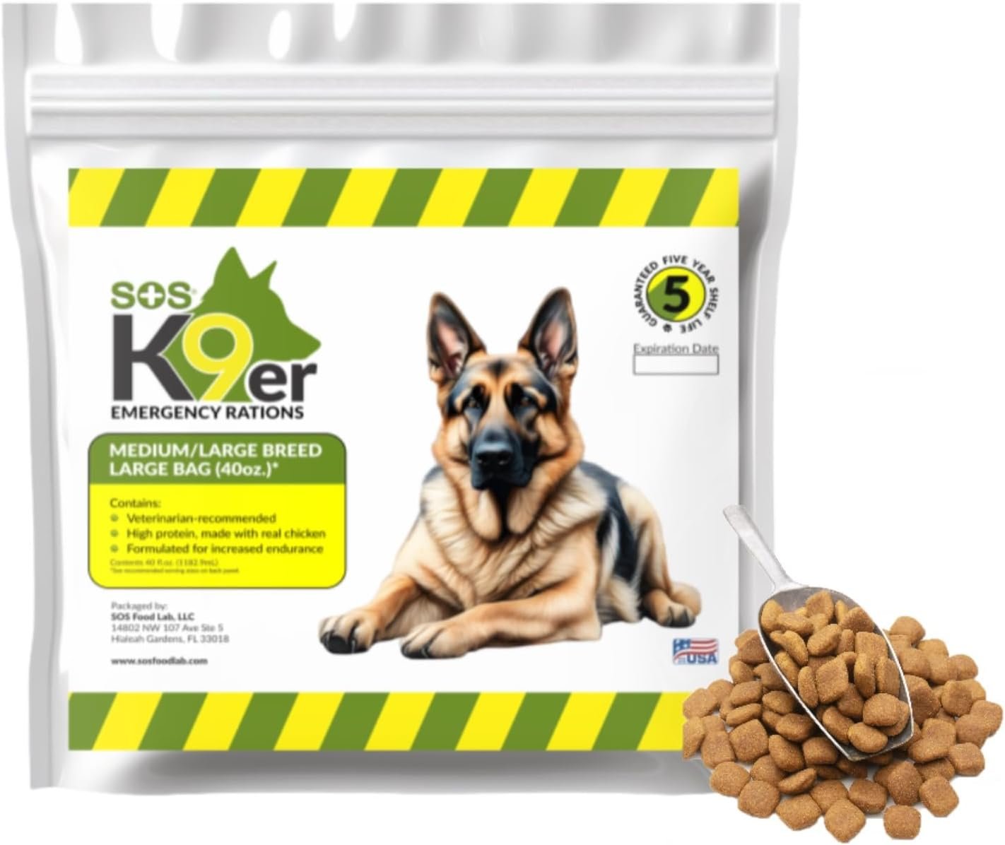 SOS Food Lab Emergency Dog Food Ration (40 Oz) – Pet Food Contains High Protein Chicken for Any Size Dog Breed – Ready to Eat Dry or Add Water – 5 Year Shelf Life – Formulated for Increased Endurance