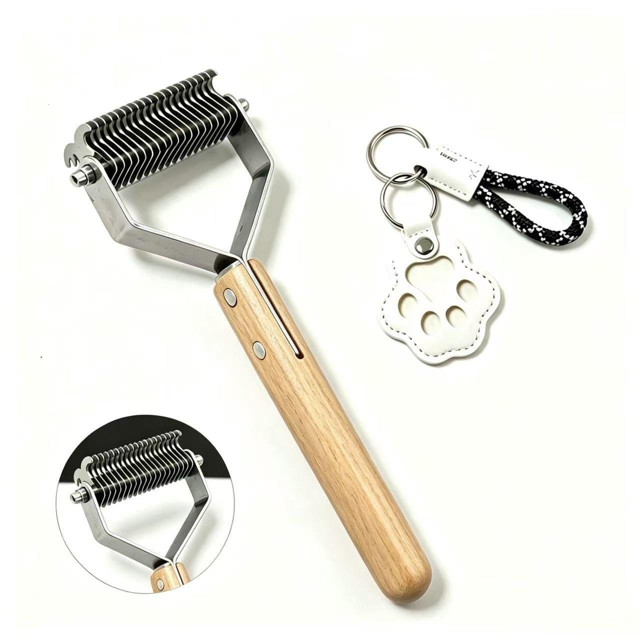 2-in-1 Undercoat Rake & Dematting Tool for Dogs & Cats – Professional Deshedding Brush with Wood Handle – Stainless Steel Grooming Rake for Long Haired Pets – With Paw Print Hair Keepsake Keychain