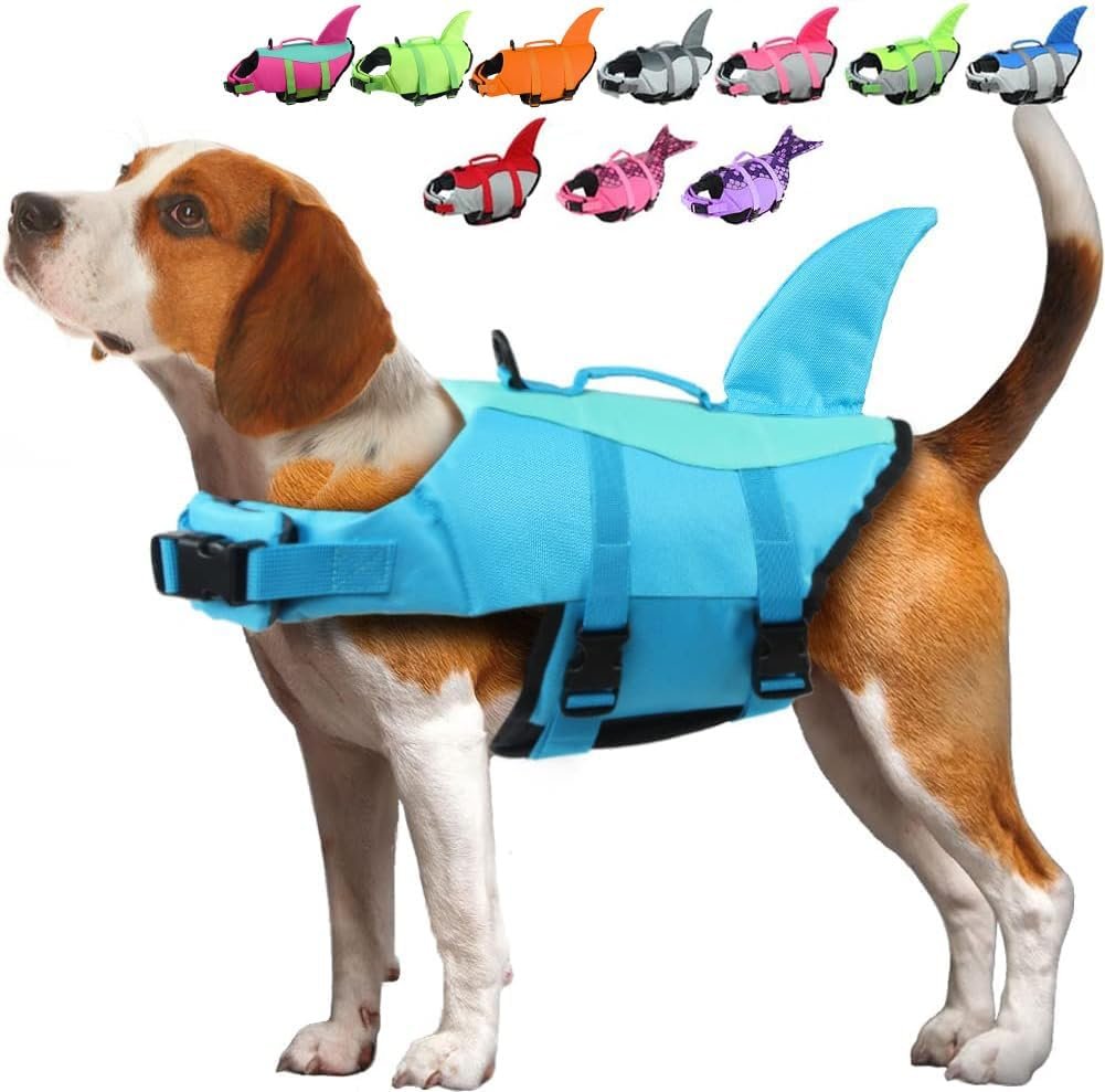 EMUST Dog Life Jacket Shark, Dog Life Vests for Small, Middle, Large Dogs with Rescue Handle Pet Flotation Vest Safety Lifesaver for Swimming Pool Beach Boating, (S,Pool Blue)