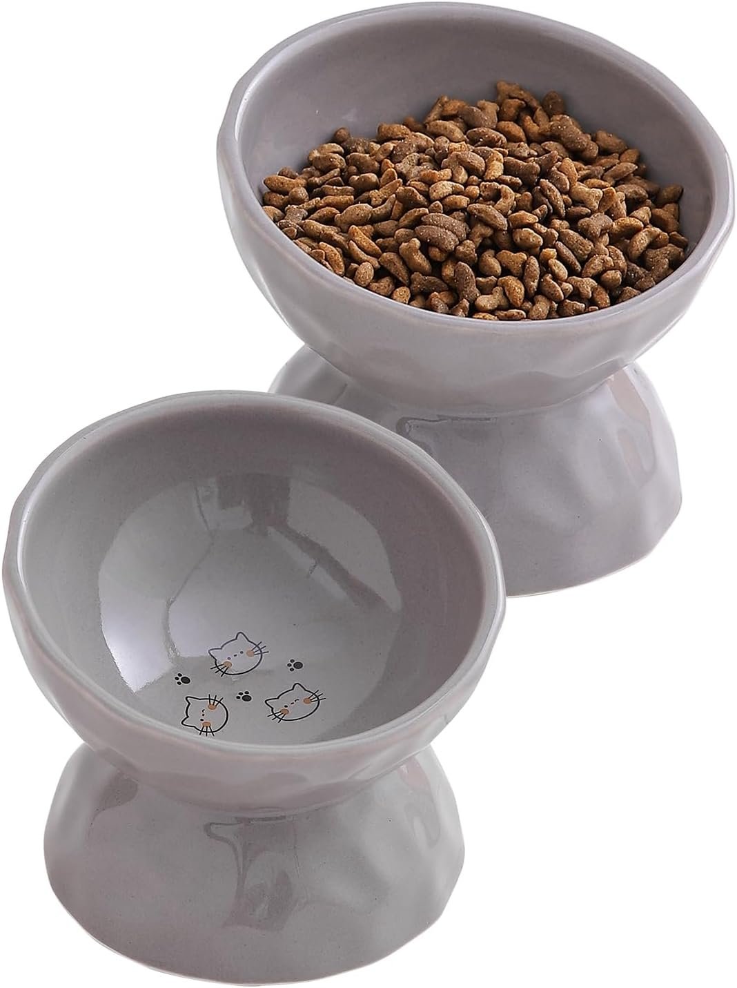 5 Inch Grey Tilted Ceramic Raised Cat Bowls Set of 2