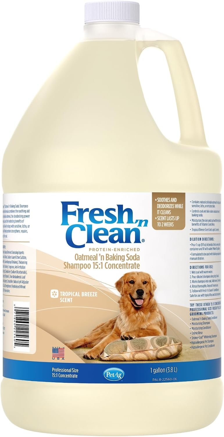 PetAg Fresh ’n Clean Oatmeal ’n Baking Soda Shampoo – Tropical Fresh Scent (15:1 Concentrate) – 1 Gallon – Nurtures Dry, Itchy Skin with Vitamin E & Aloe – Strengthens & Repairs – Soap Free