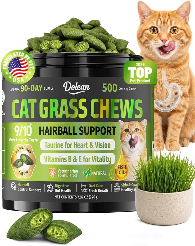 Cat Grass Treats, Hairball Treatment for Cats, for Indoor Cats, 500 Chews
