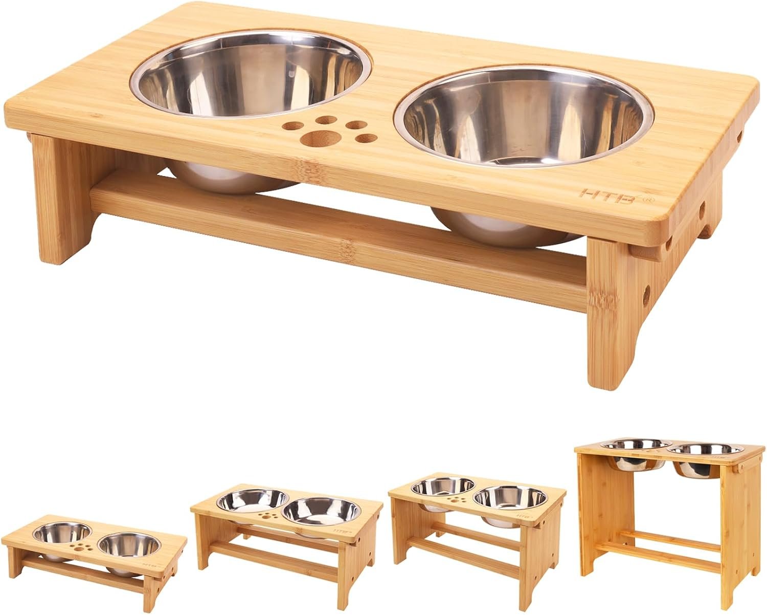 HTB Elevated Dog Bowl Stand with 2 Stainless Steel Bowls-4″ H Small Bamboo