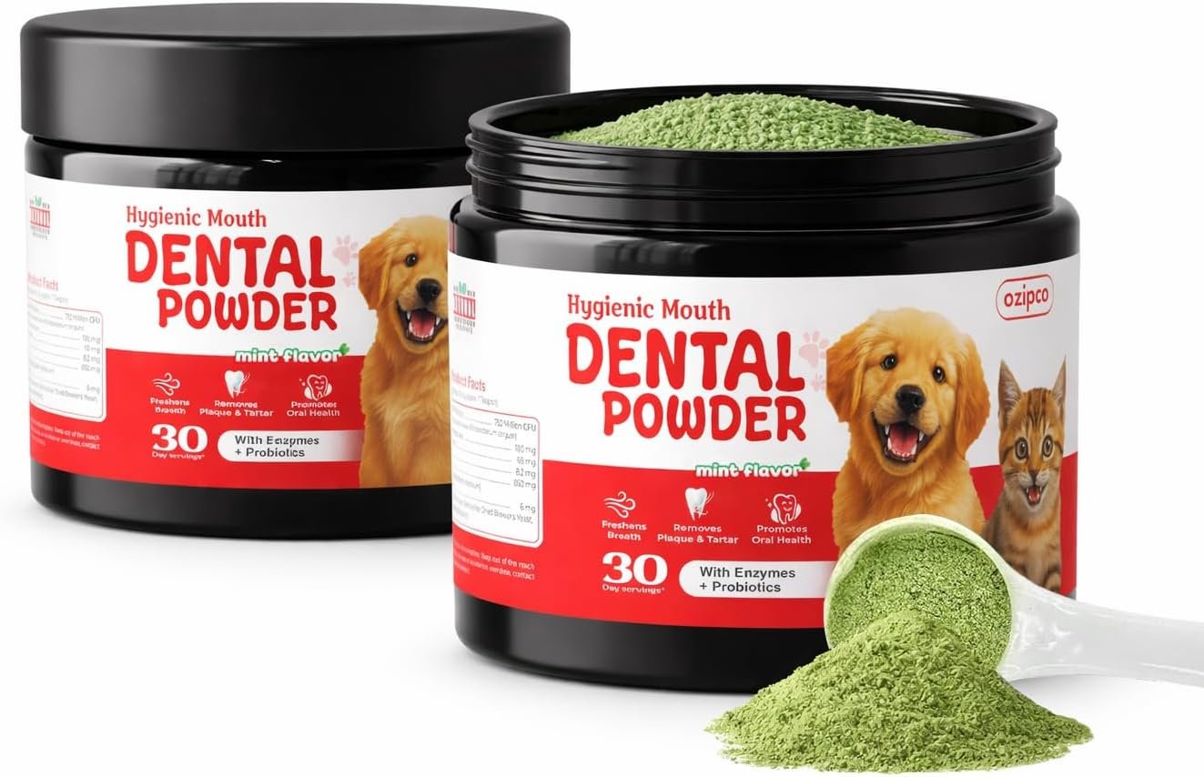 Dog Dental Powder | Natural Teeth Cleaning for Dogs & Cats | Pet Breath Freshener Food Topper with Enzymes | Helps Support Clean Teeth & Fresh Breath | Mint Flavor, 2 Pack (Up to 60-Day Supply)