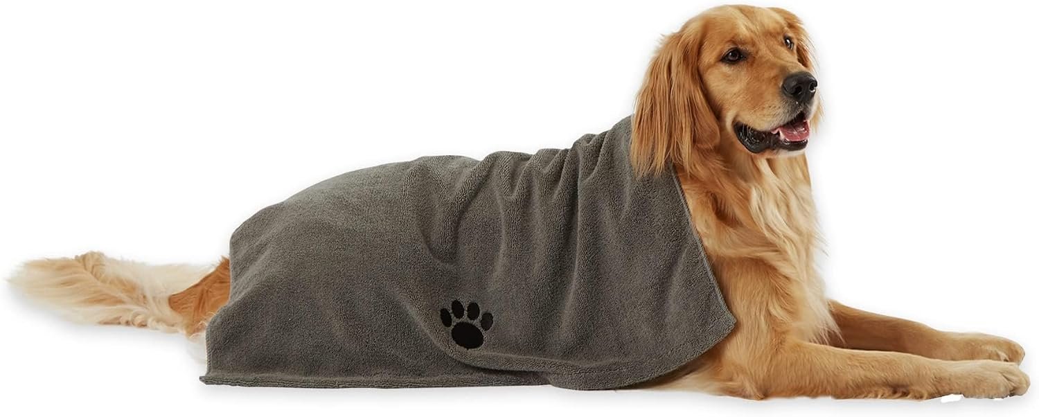 Bone Dry Pet Grooming Towel Collection Absorbent Microfiber X-Large, 41×23.5″, Embroidered Gray