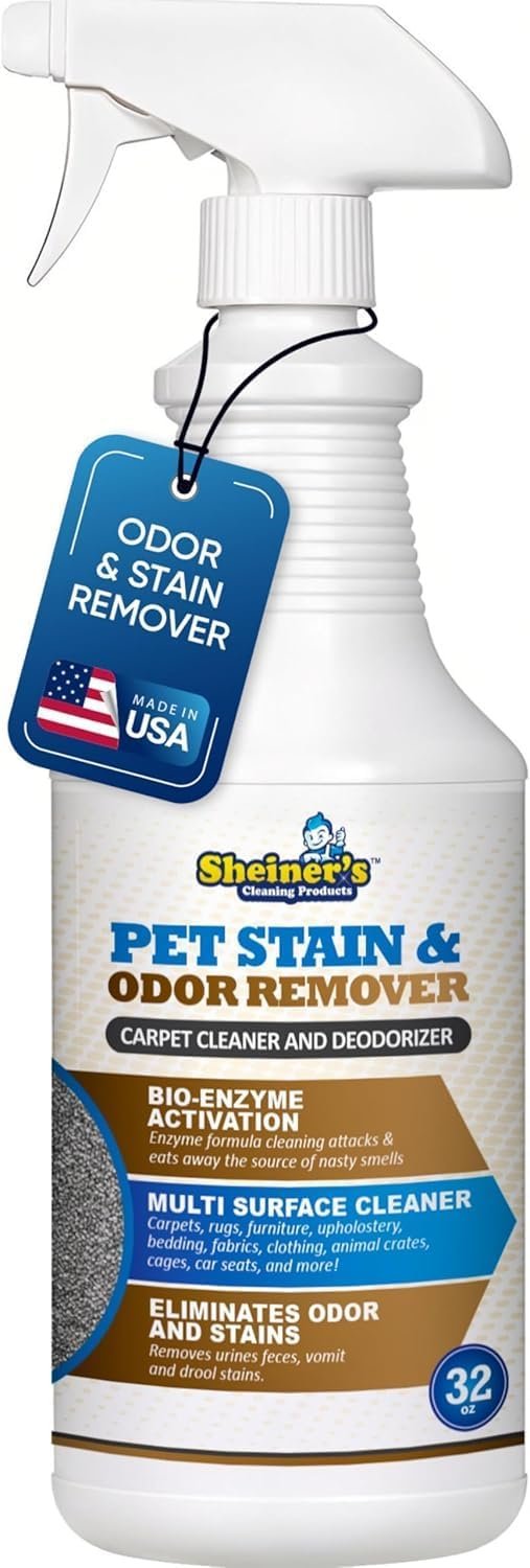 Sheiner’s Pet Stain Remover & Pet Odor Eliminator, Advanced Cleaning Bio-Enzyme Cleaner Solution for Carpets, Rugs, Upholstery & Multi-Surfaces, Safe for Pets & Kids. (32 oz)