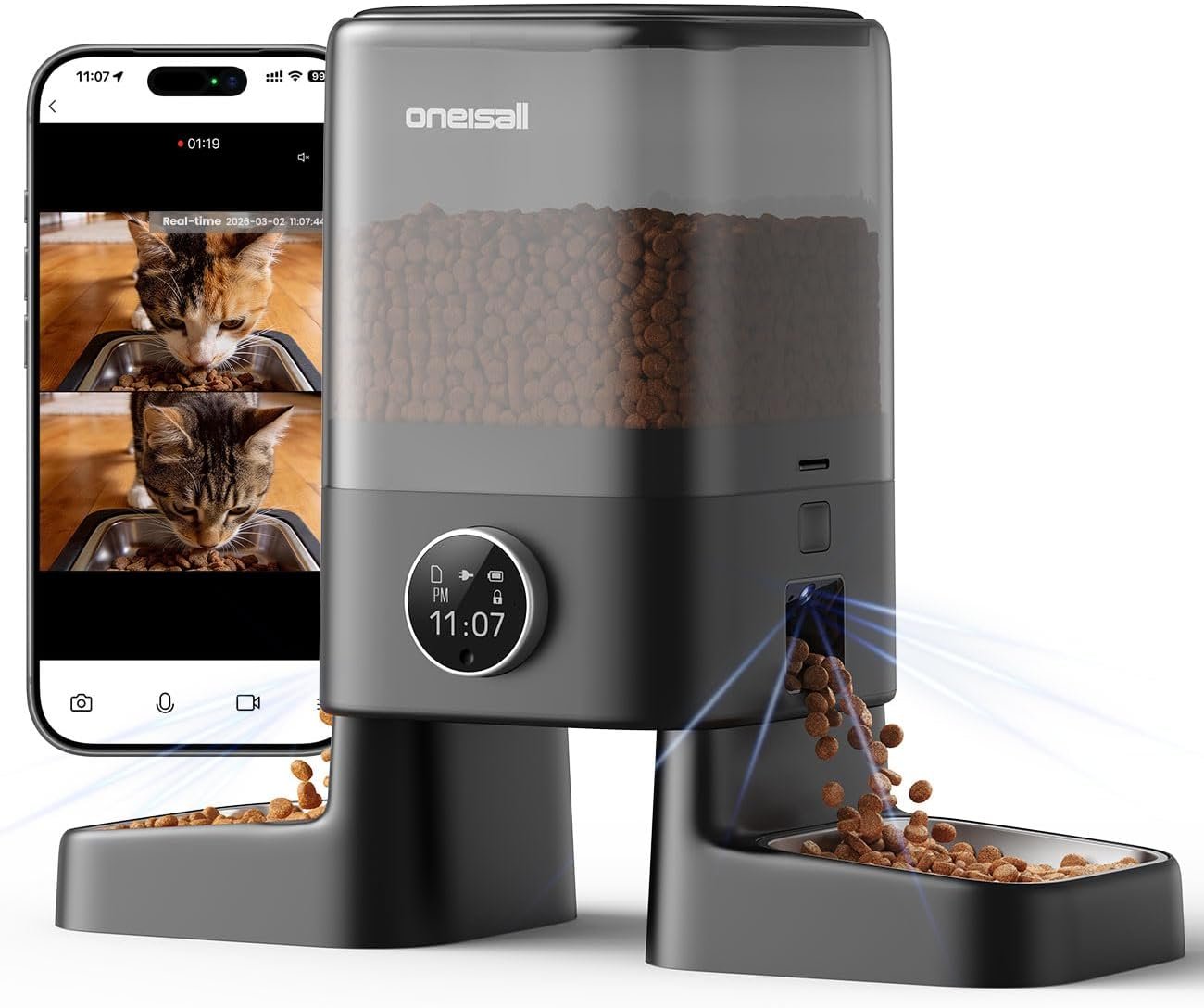 oneisall Automatic Cat Feeder with Camera for 2 Cats Pets, 20 Cups/5L