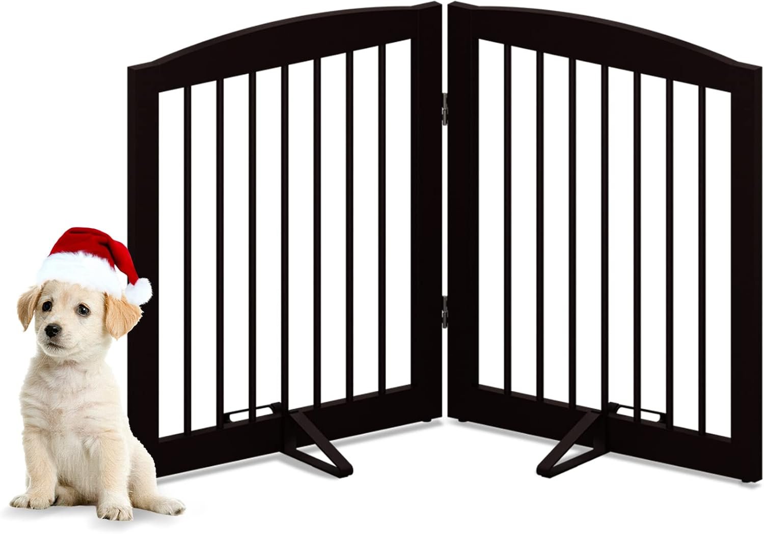 PUPETPO Freestanding Pet Gate for Dogs, Foldable Wooden Dog Gate for House, Indoor Pet Barrier for Stairs, Doorways, Support Feet Included, 24″ Height 2 Panels, Brown