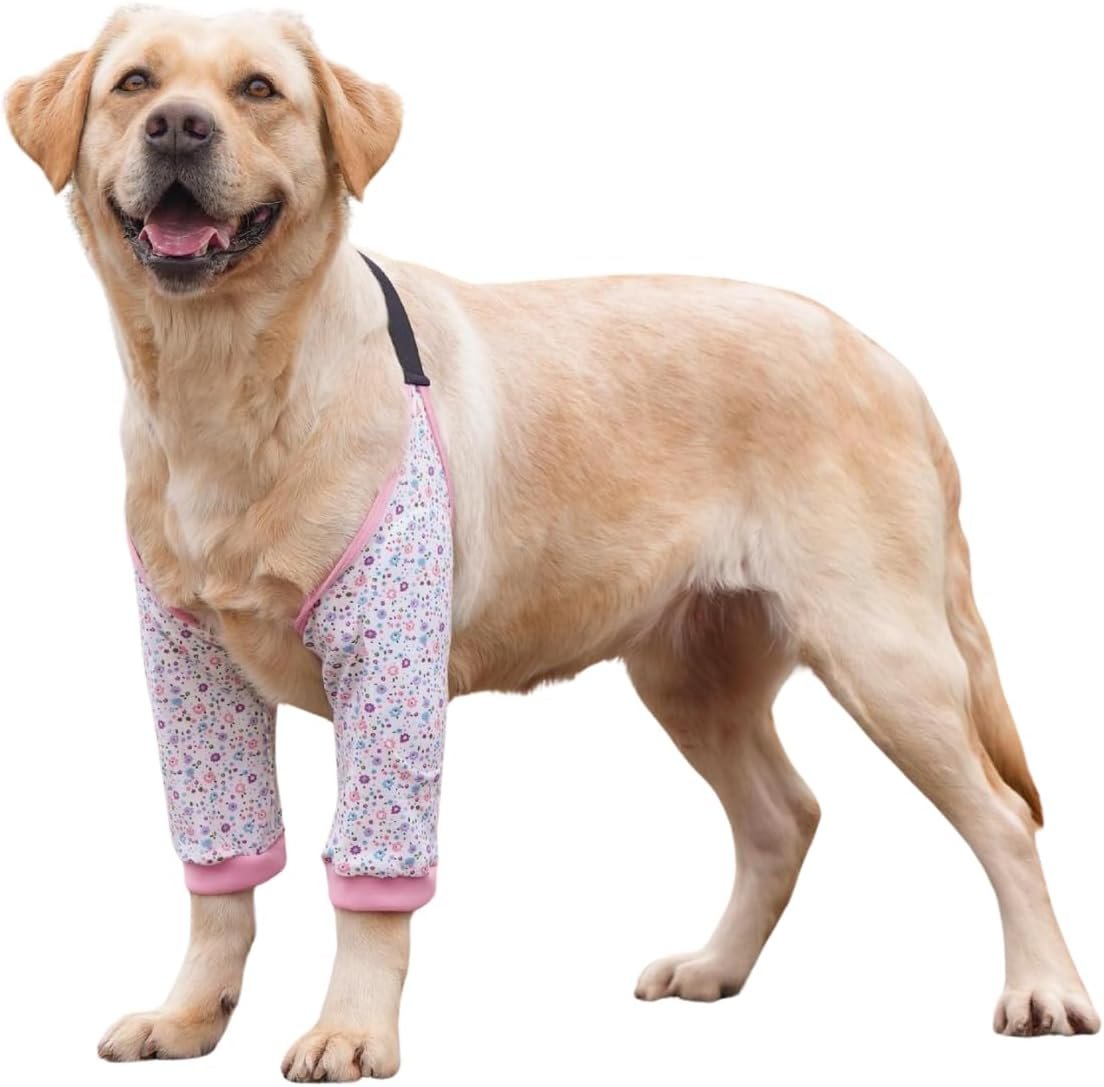 Dog Elbow Protector, Elbow Sleeves with Mesh Pad for Medium Large Dogs Prevent Licking Wound(Pink Flower,XL)