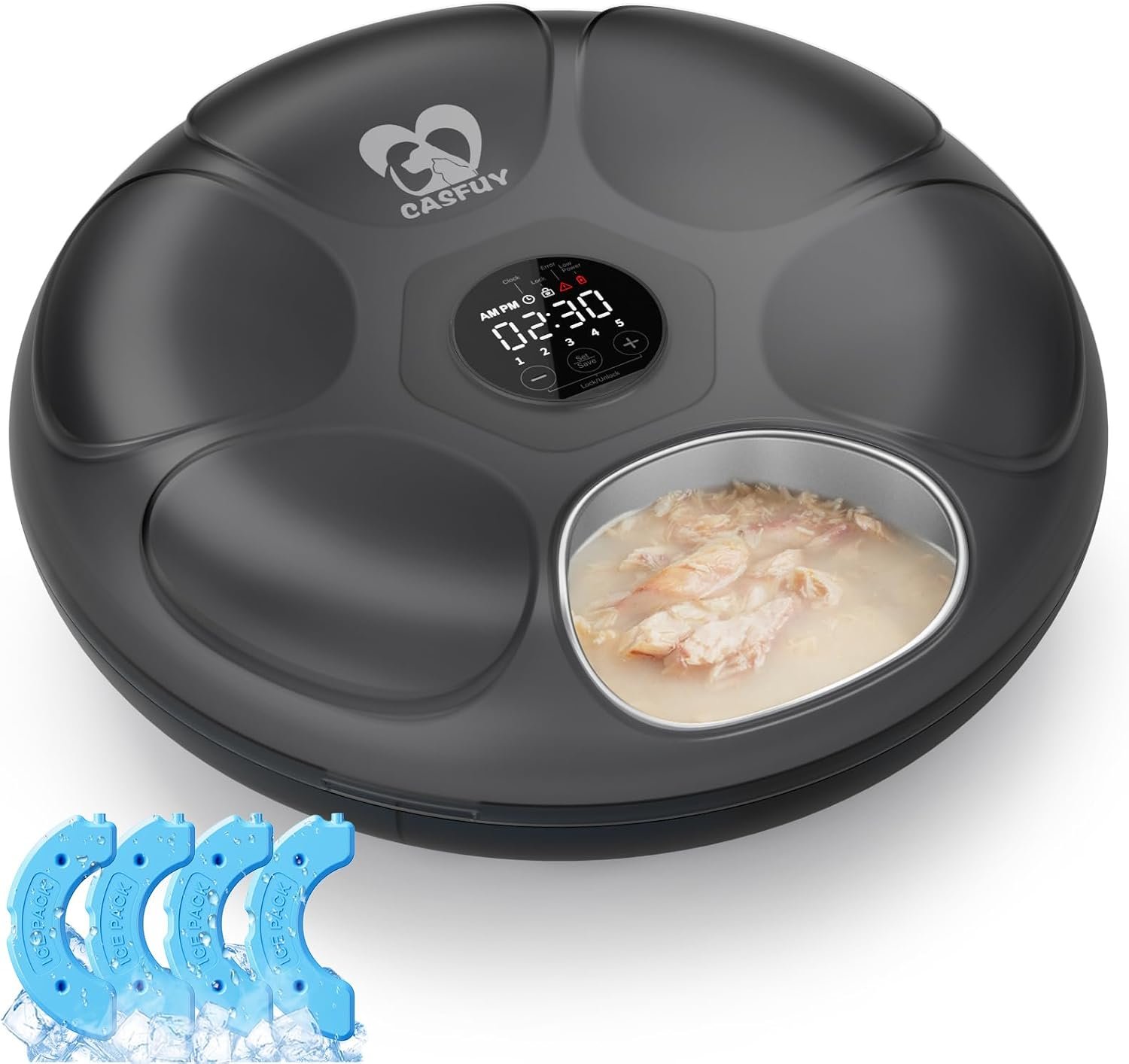 Casfuy Automatic Cat Feeder Cordless – Automatic Cat Food Dispenser with Stainless Steel Tray for Wet Food Rechargeable Auto Feeder for Cats Small Dogs with Programmable Timer Low Battery Indicator